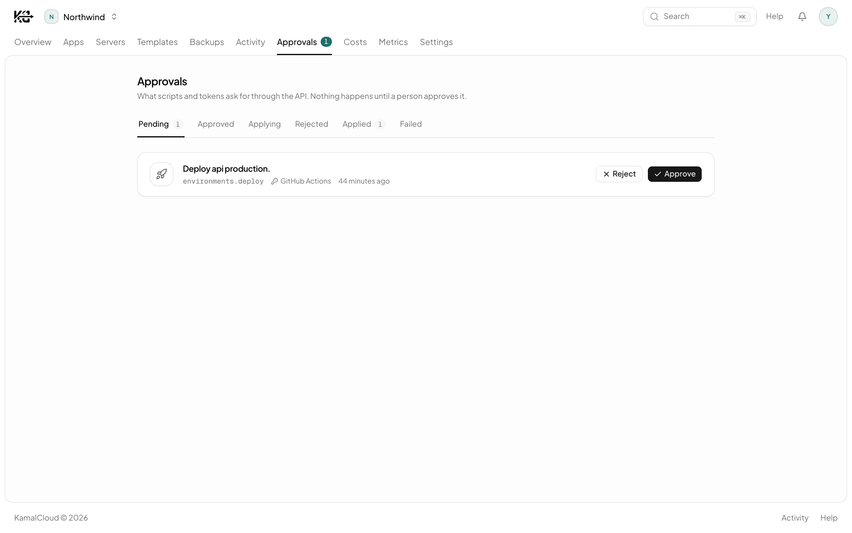 The KamalCloud request queue: a server build, a hardening change and a deploy, each recorded against the CLI that asked and waiting for someone to agree to it.