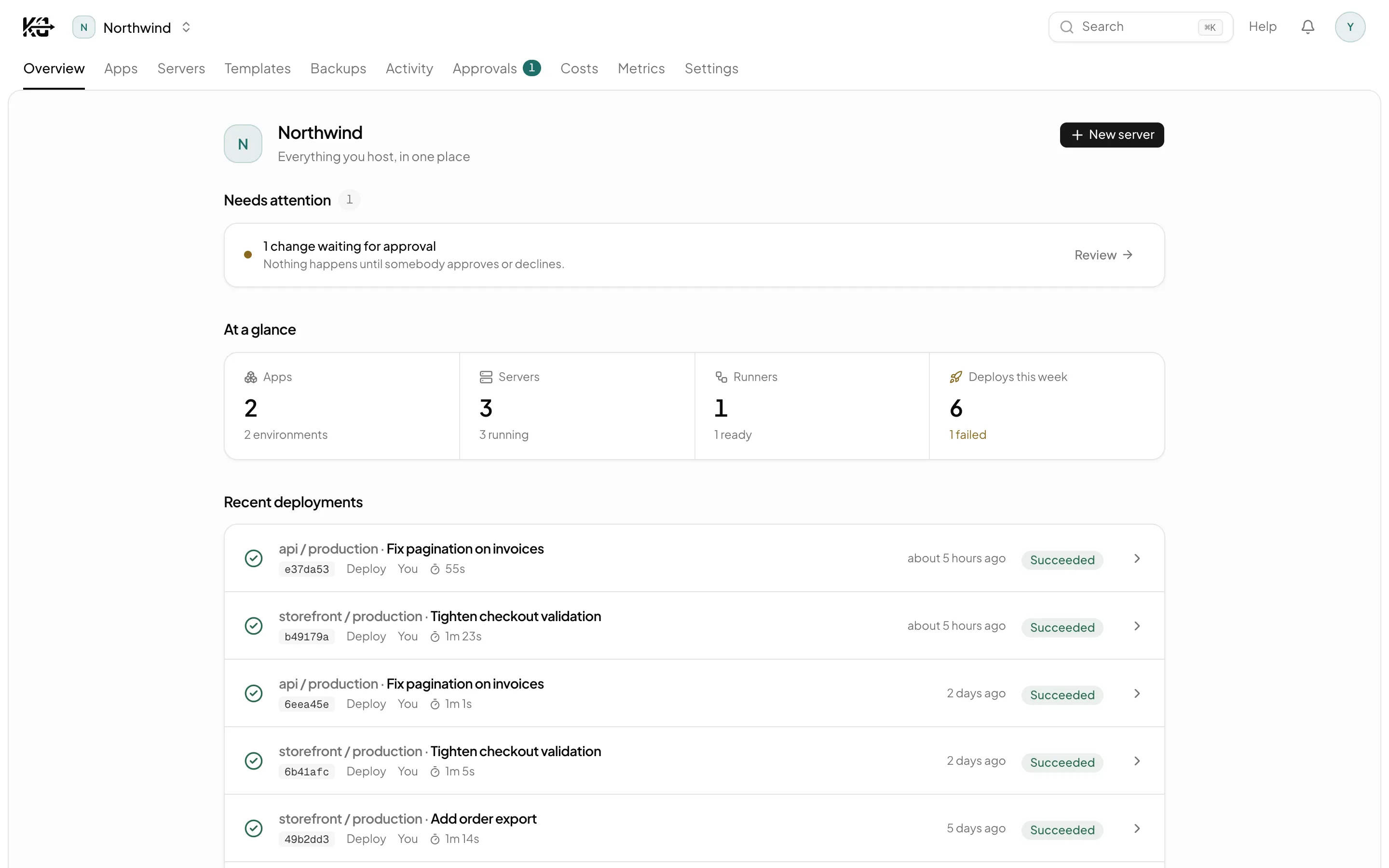 The KamalCloud dashboard: deployment and success-rate figures for an account, with CPU across every running server.