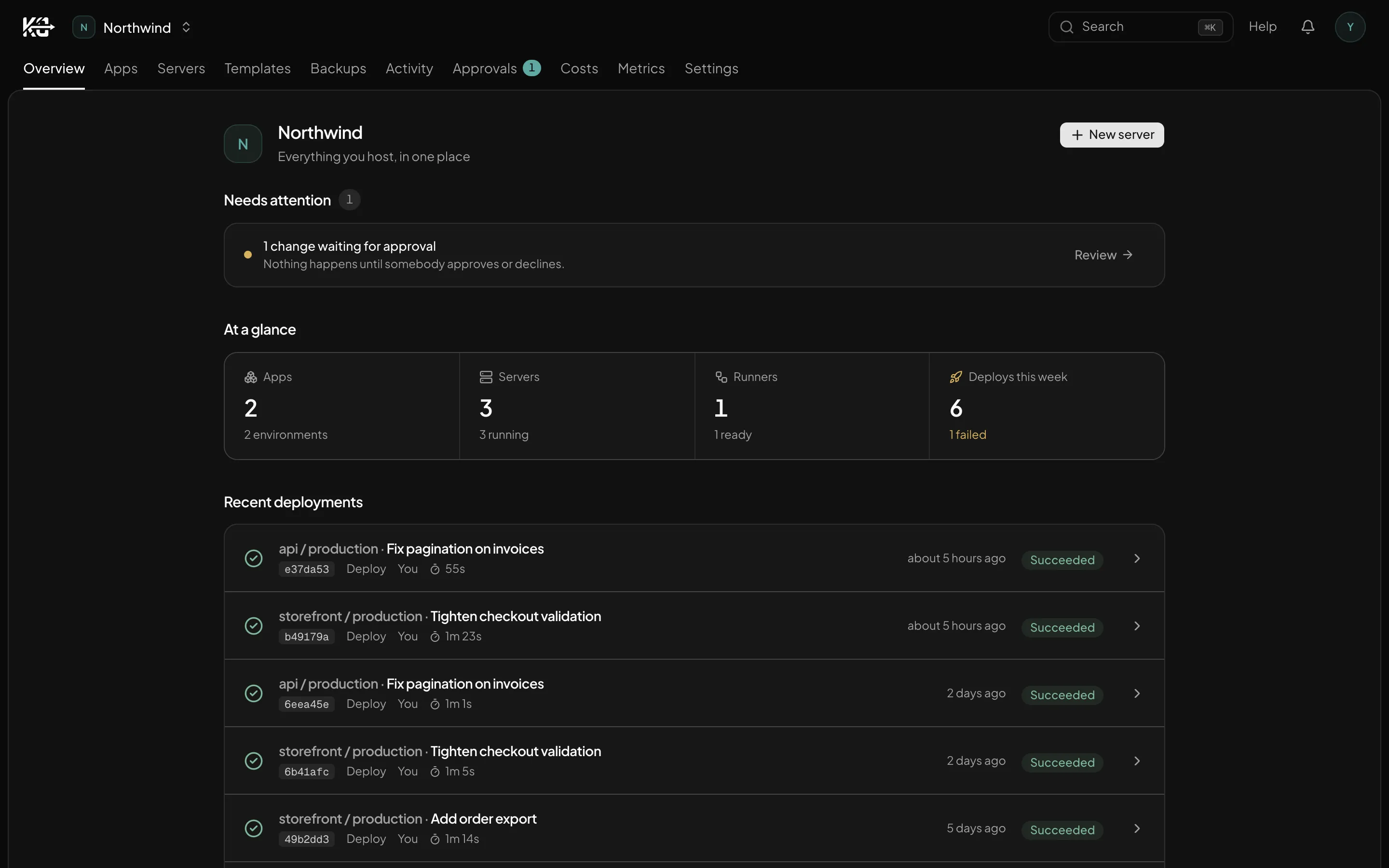 The KamalCloud dashboard: deployment and success-rate figures for an account, with CPU across every running server.