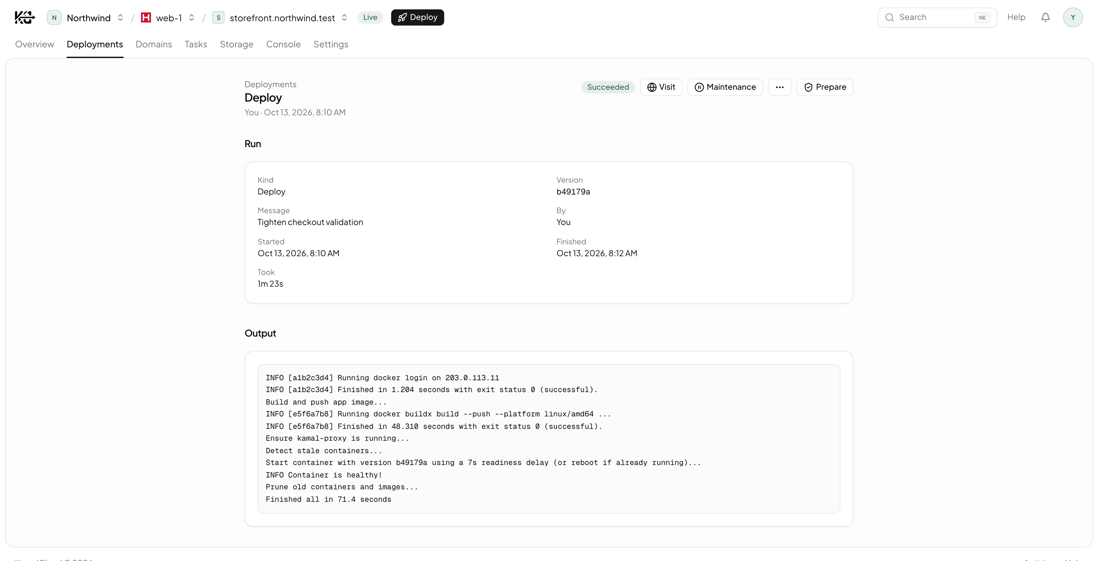A deploy run, with the output showing KamalCloud writing config/deploy.production.yml and Kamal building and booting the image.