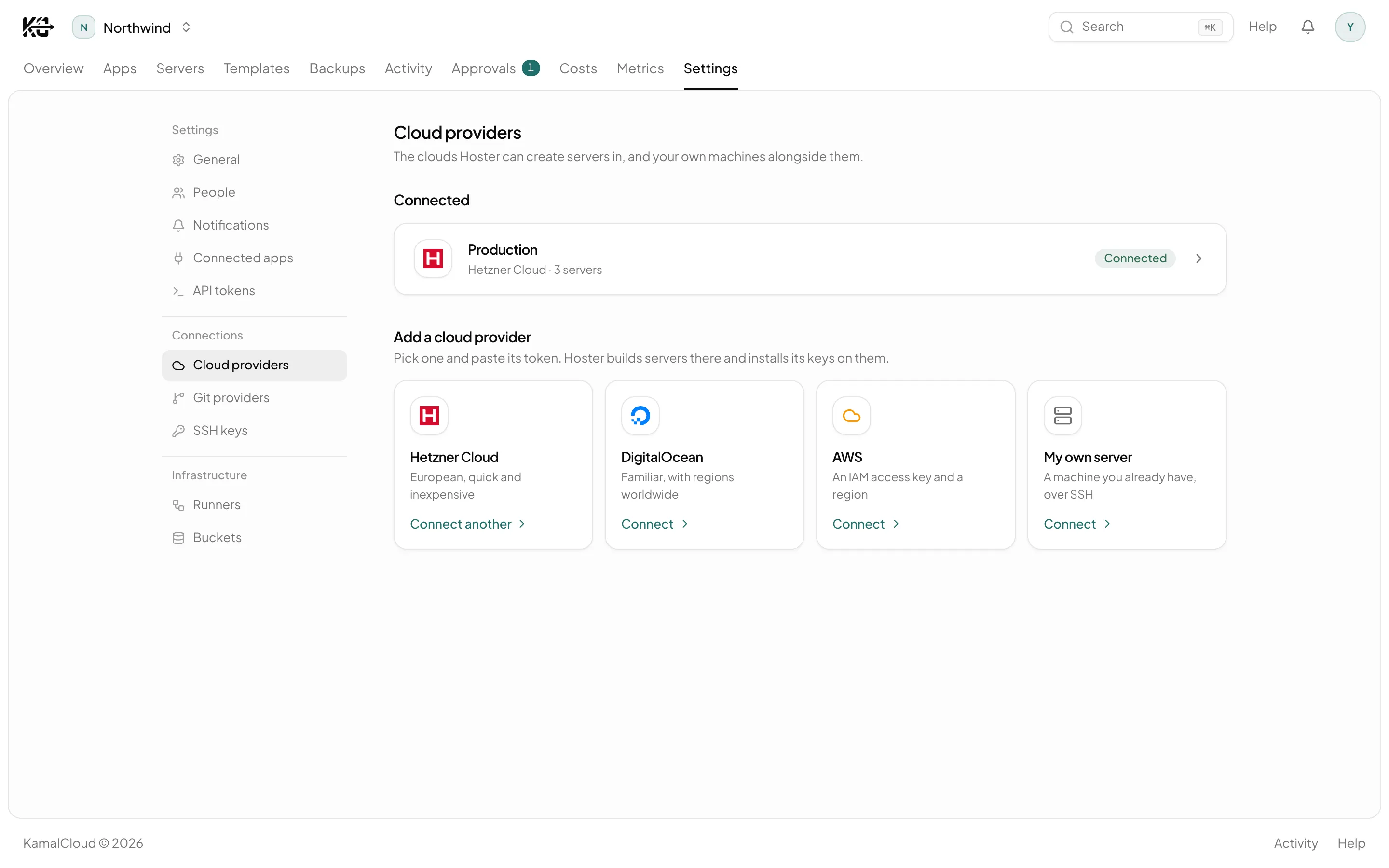 KamalCloud's providers screen: Hetzner connected with six servers, DigitalOcean and AWS waiting for a token, and own hardware alongside them.